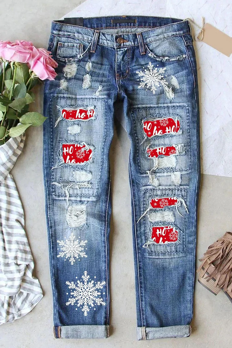 Snowflake Graphic Mid Waist Ripped Jeans