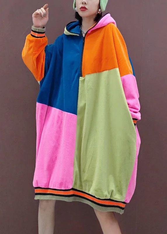 Italian multi Hooded Pockets Patchwork Pullover Sweatshirt dresses