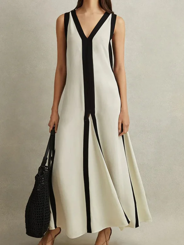 Elegant Color Matching Sleeveless V-Neck Maxi Dress