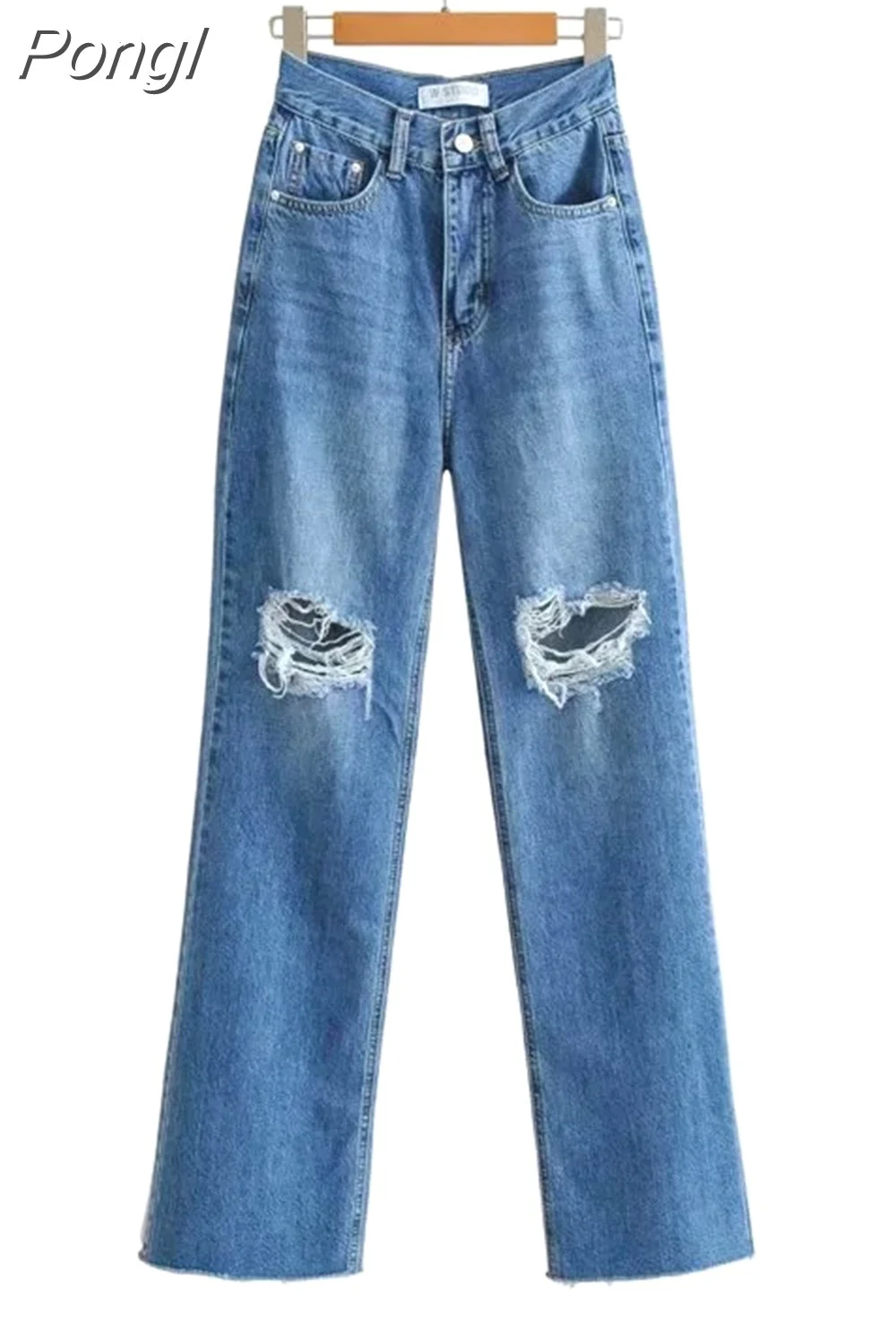 Pongl Fashion Denim Ripped Distressed Jeans Woman High Waist Flare Pants Bottom Streetwear Trousers Pants Jeans Ladies