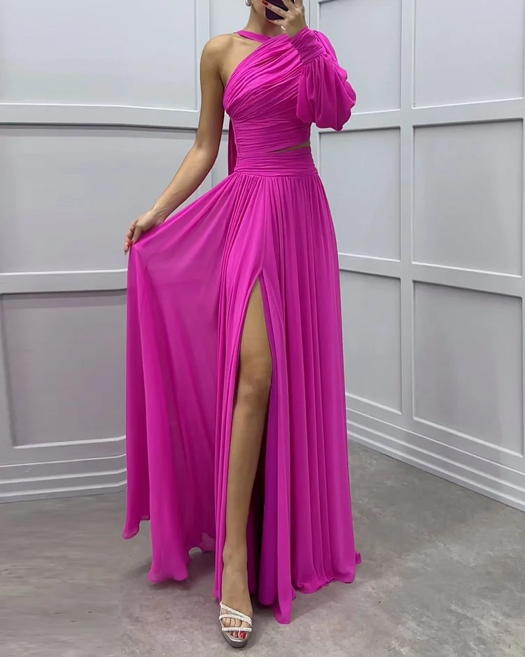 One-shoulder solid color pleated hollow dress