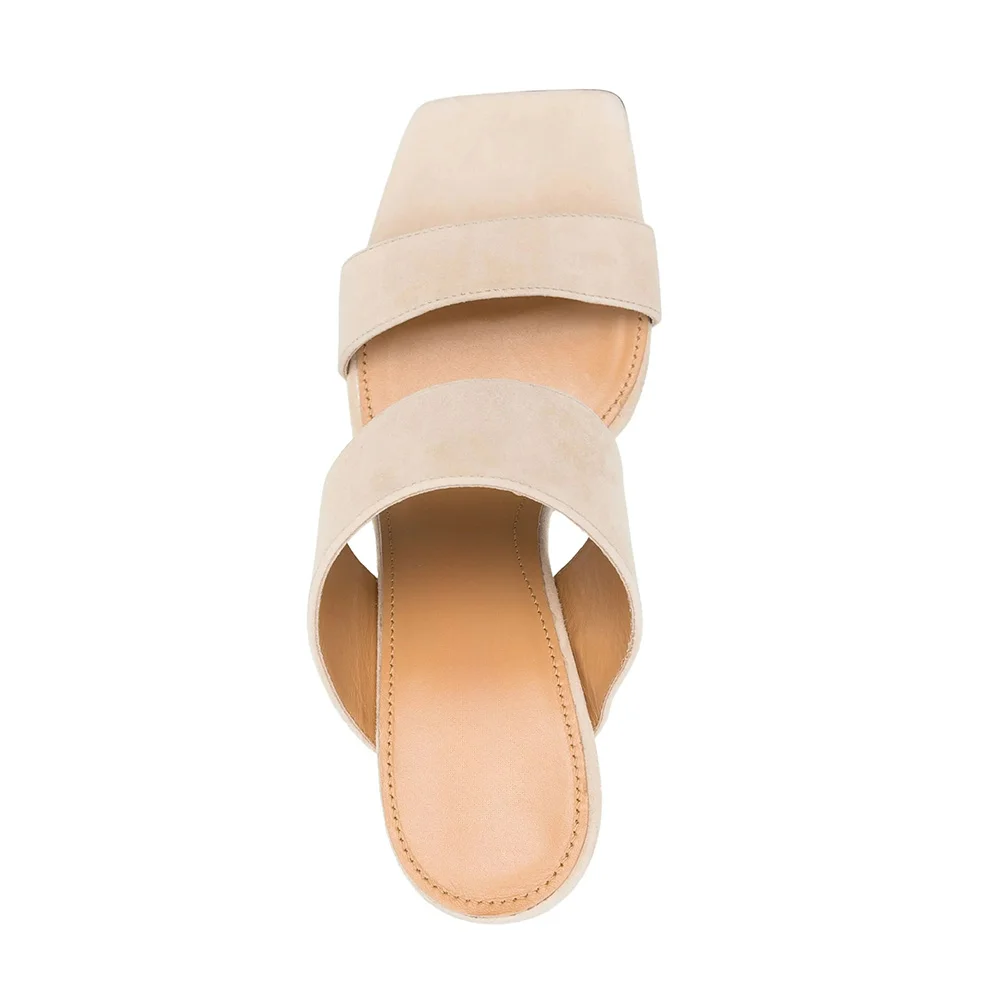 Beige Vegan Suede Square Toe Double Strap Slip On Heeled Mules