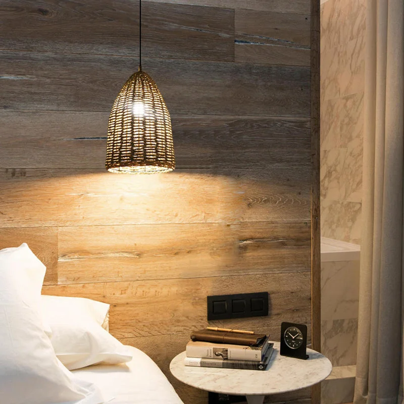 Rattan Bell Pendant Light Rustic Hanging Lampshade For Bedroom