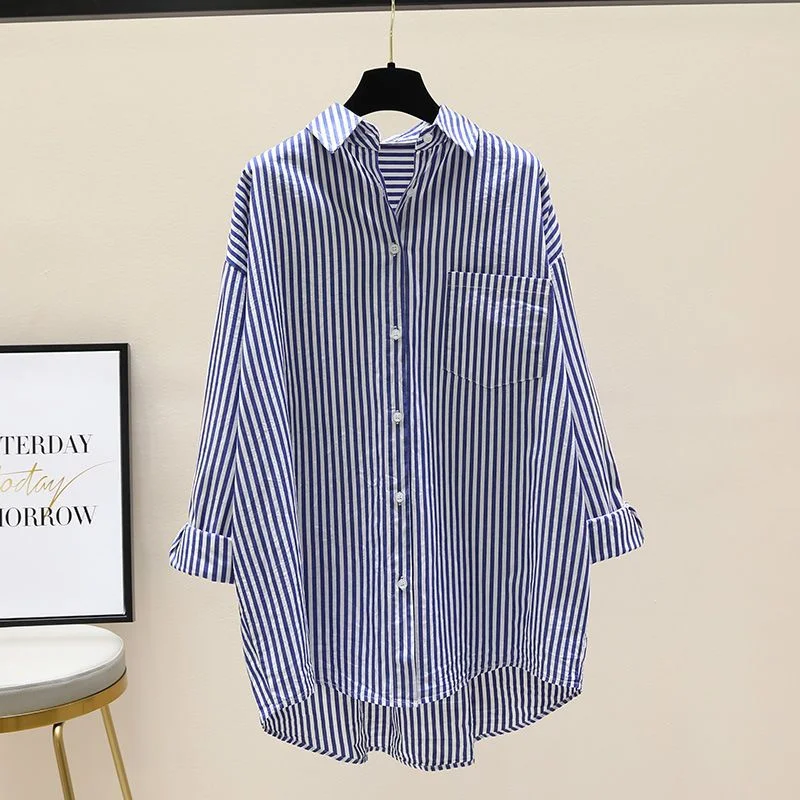 Uveng Uveng Spring And Autumn New Han Fan Literature And Arts Front Short And Rear Long Shirt Women Long Striped Shirt Casual Coat Summer