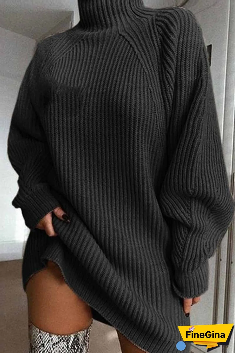 Loose High Neck Striped  Mini Dress