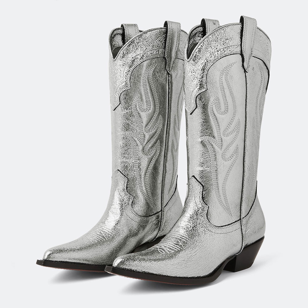 Silver Metallic Finish Pointy Toe Embroidered Wide Calf Cowgirl Boots