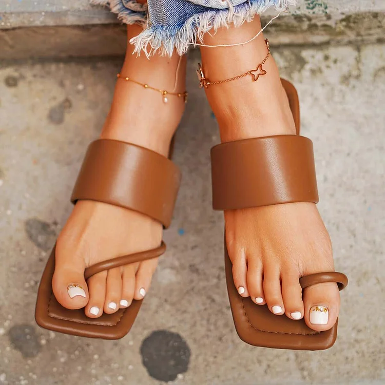 Square Toe Ring Sandals Flat Flip Flops Slippers