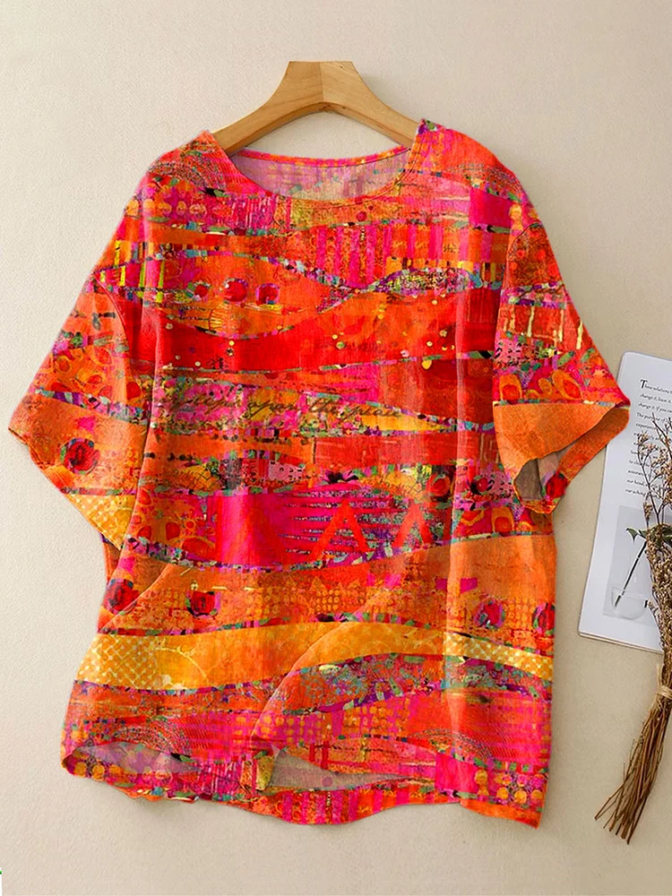 Women's Vintage  Abstract Geometry  Art  Print Casual Linen Crew Neck Shirt