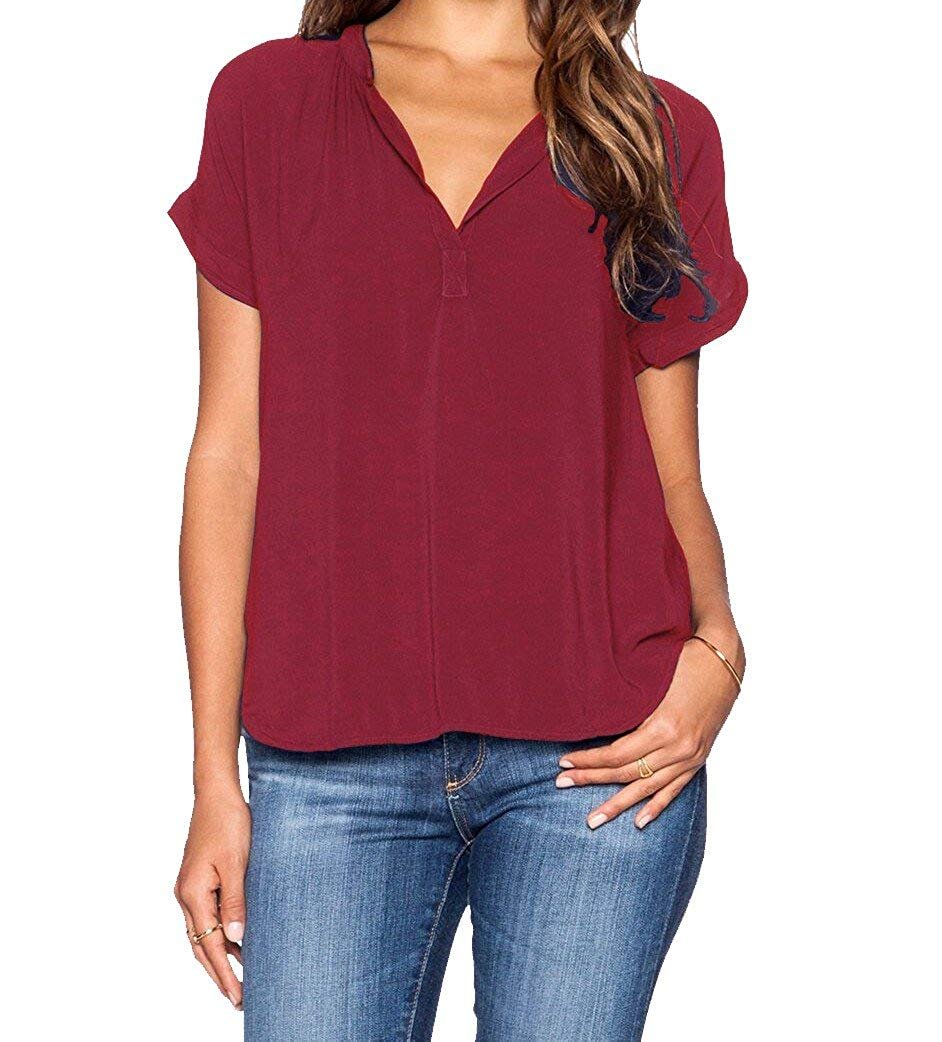 Women Chiffon Blouse V Neck Short Sleeve Top Shirts