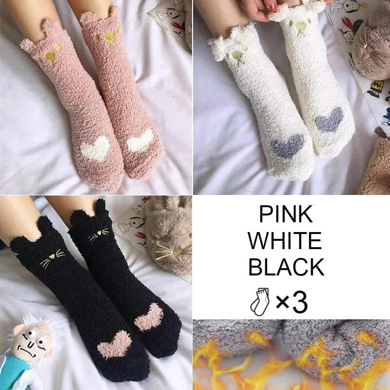 FINETOO 3Pair/Set Women Autumn and Winter Socks Plush  Thick Warm Socks Coral Velvet Animal Sleeping Non-slip Home Floor Socks