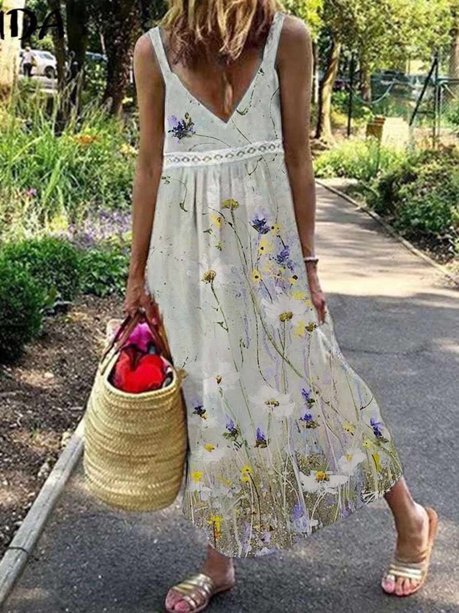 V-neck Casual Loose Floral Print Sleeveless Maxi Dress