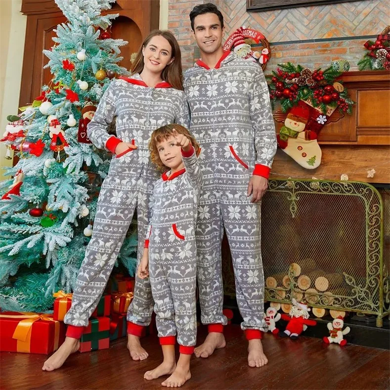 Christmas Allover Print Light Grey Family Matching Polar Fleece Thickened Long-sleeve