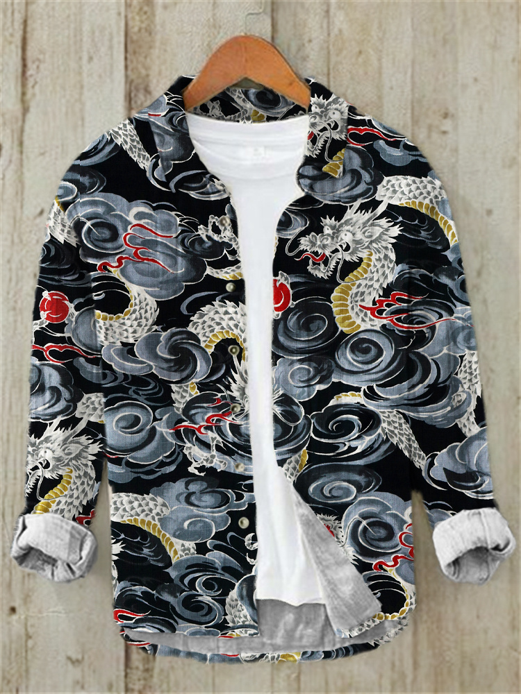 Comstylish Japanese Dragon Print Linen Casual Long Sleeve Shirt