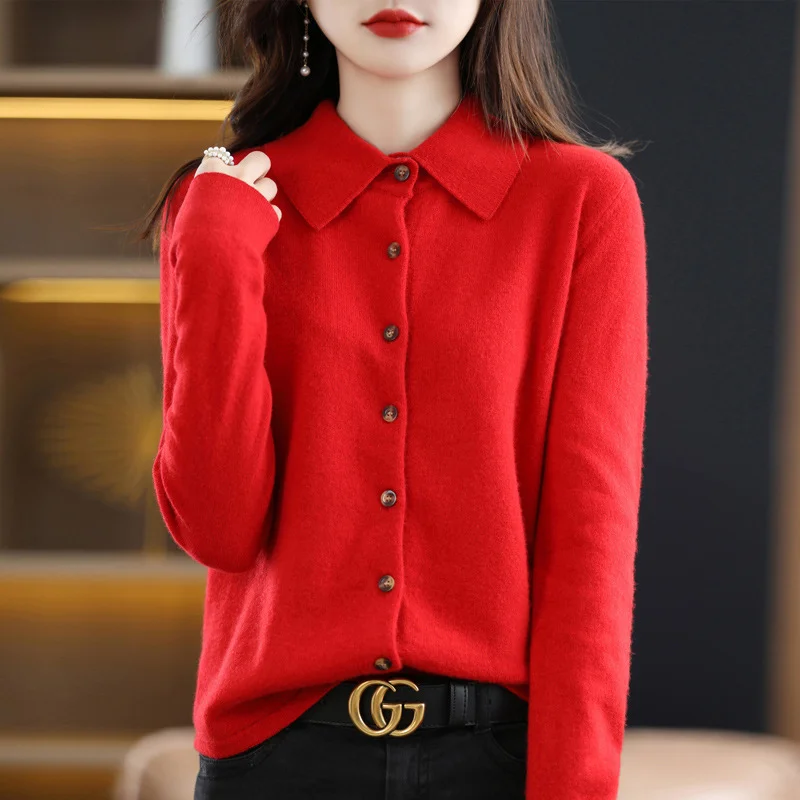 Churchf Churchf And Autumn POLO Collar Knit Shirt With Loose Long-Sleeved Sweater Non-Cashmere Cardigan Temperament Lapel Coat