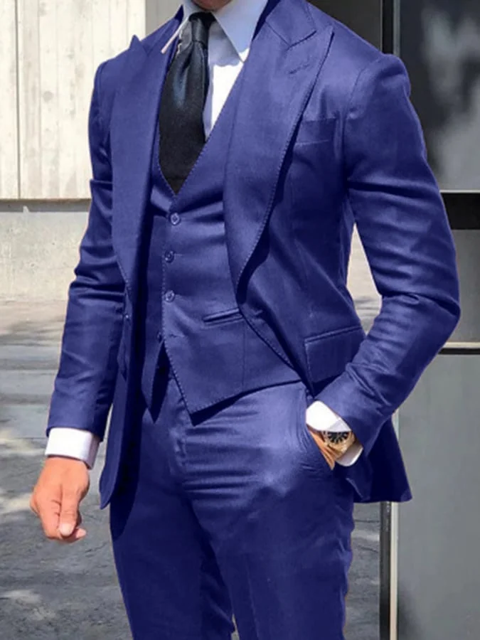 Men's Business Single-Breasted Solid Color Three-Piece Suit 