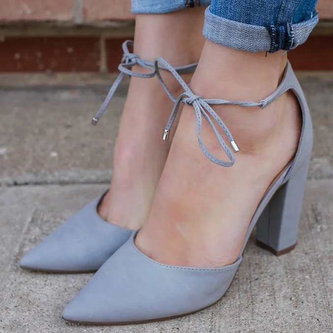 Women's Grey Chunky Heels Office Shoes Pointy Toe Lace Up Pumps |FSJ Shoes