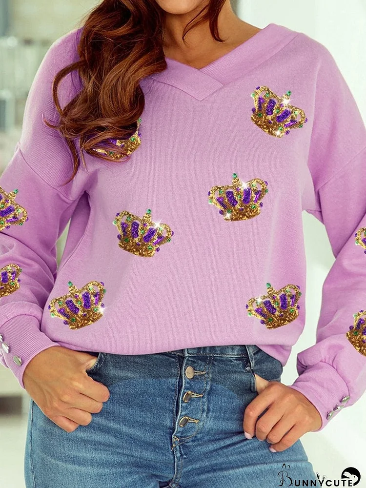 Royal Purple Sequin Crown Graphic V Neck Pullover