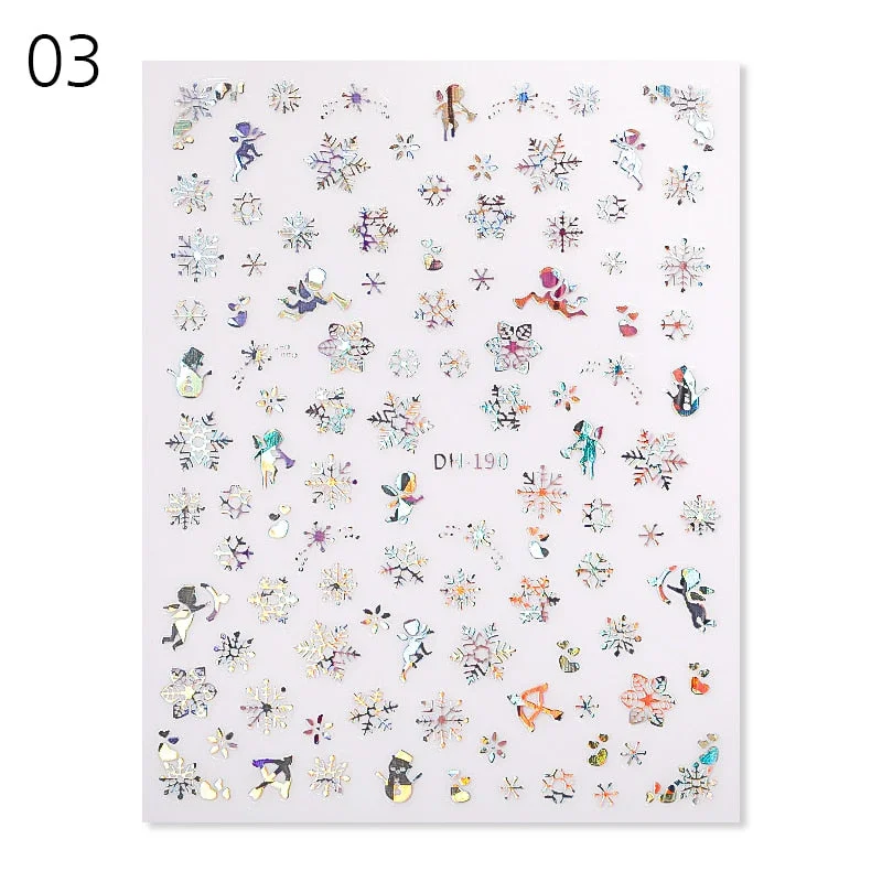 Gold Bronzing 3D Christmas Nail Art Decoration Sticker Sparkly White Colorful Glitter Geometry Snowflake Winter Slider Foil