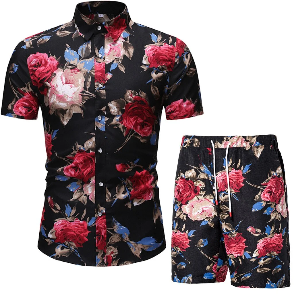 2021 Summer New Men's Casual Suit Korean Slim Short Sleeve Shirt Shorts Mens Beach Suit 2 Piece Set