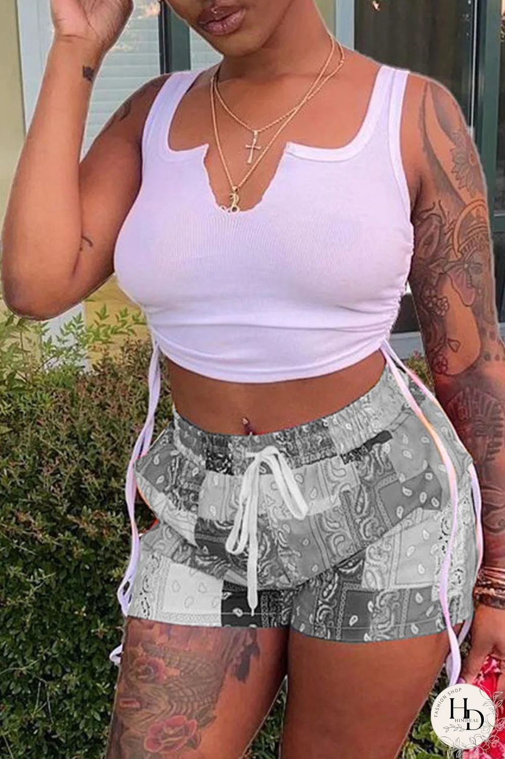 Grey Sexy Print Ripped Contrast Spaghetti Strap Sleeveless Two Pieces