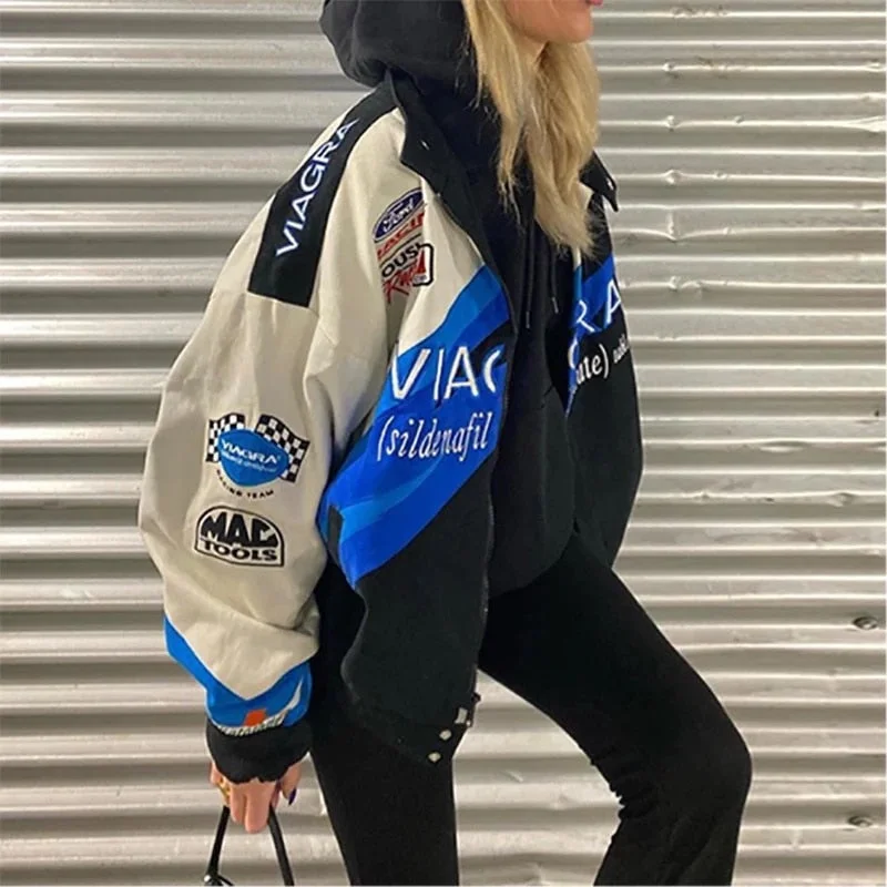 Uforever21 2023 Autumn New Fall Outfits Women Motorcycle Racing Jacket Gothic Y2k Bomber Hip Hop Vintage Oversized Baseball Suit Motor Printed 2023 Harajuku Clothes