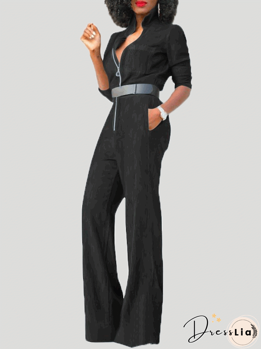 Women'S Jumpsuits Lapel Zip Long Sleeve Denim Jumpsuit