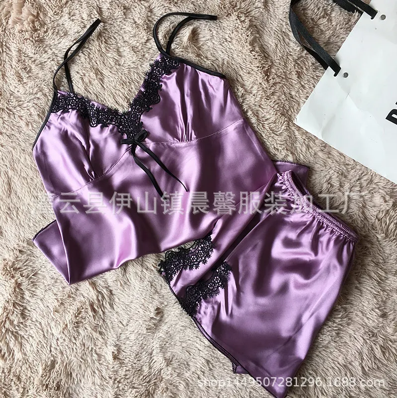 Churchf Women's Sexy Pajamas Simulation Silk Pajamas Large-Size Water-Soluble Embroidered Home Underwear Pyjamas Two-Set