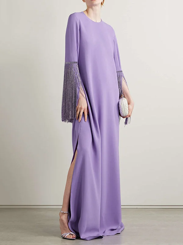 Solid Color Split-side Tasseled H-line Long Sleeves Round-neck Maxi Dresses