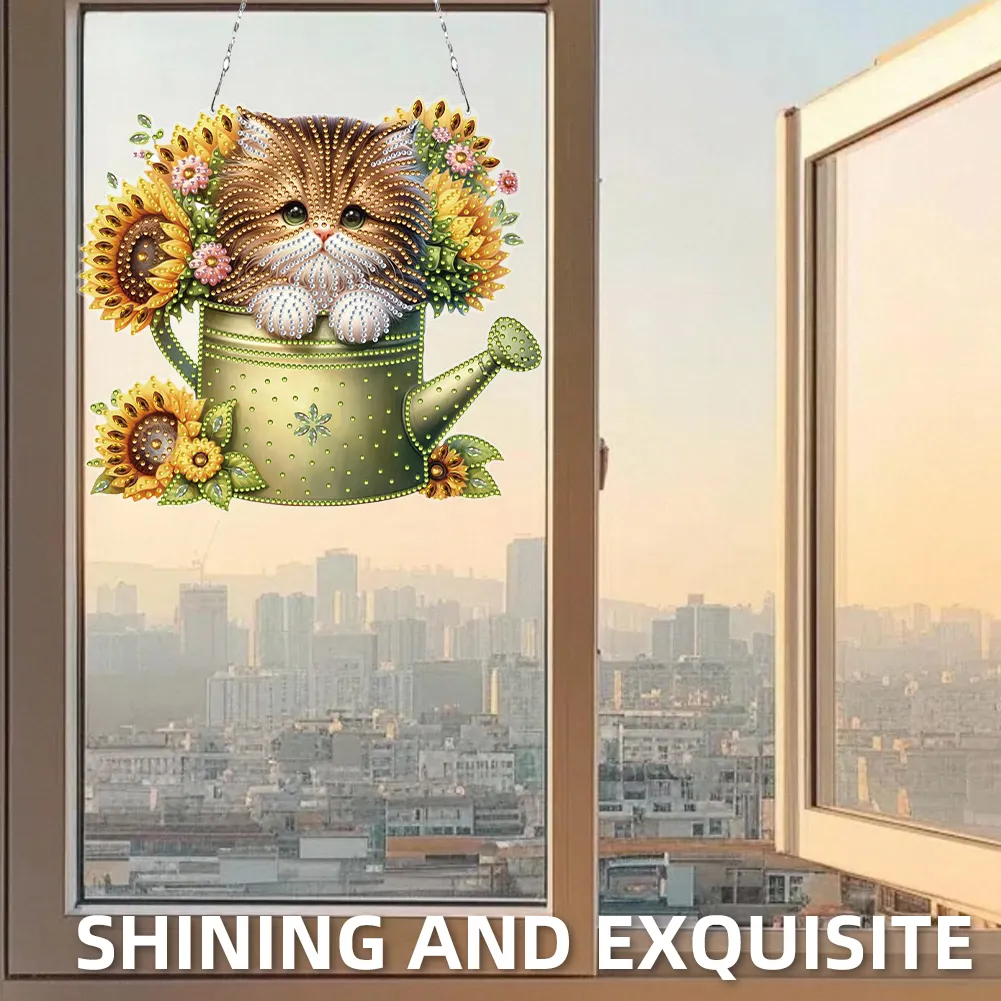 2D Flat DIY Diamond Art Pendant Window Hanging Art for Home Decor (Kettle Cat)