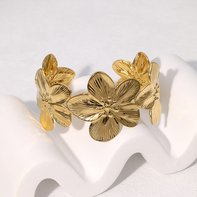 Retro Wide Bracelet Flower Simple Ins French Niche Stainless Steel Bracelet