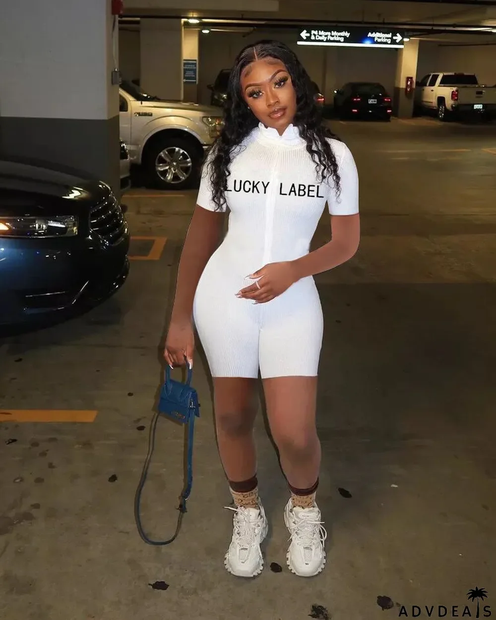 Turtleneck Threaded Letter Zipper Jumpsuit