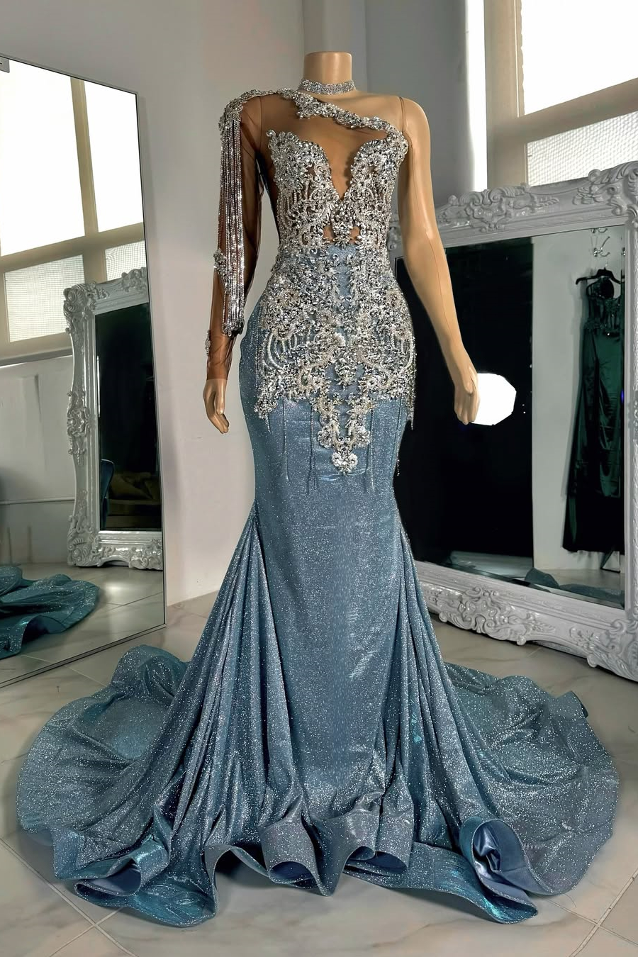 Bellasprom Dusty Blue One Shoulder Long Sleeves Prom Dress Mermaid With Beadings Tassels Bellasprom