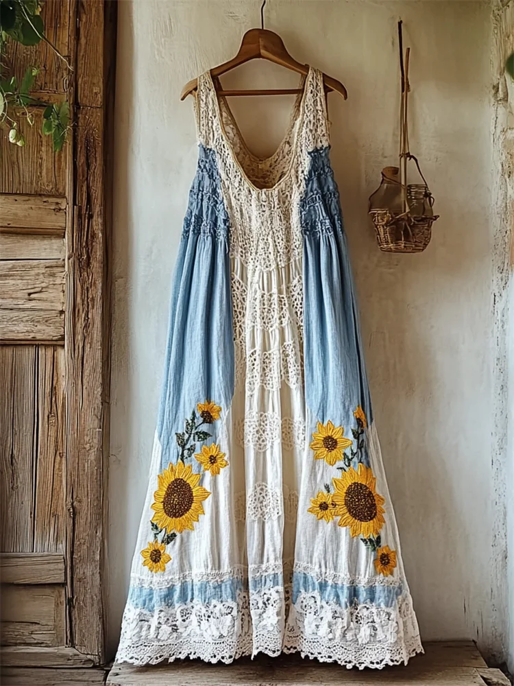 VChics Boho Sunflowers Embroidered Gradient Lace Patchwork Linen Dress