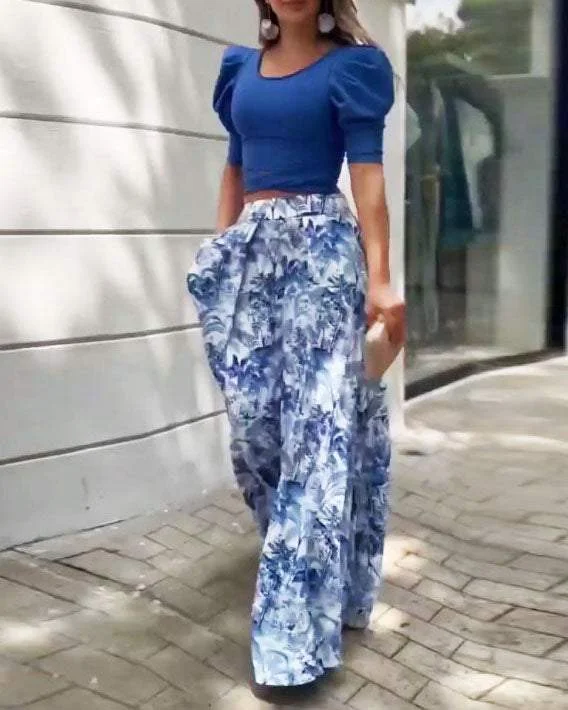 PUFF SLEEVE PRINT LONG TWO PIECE