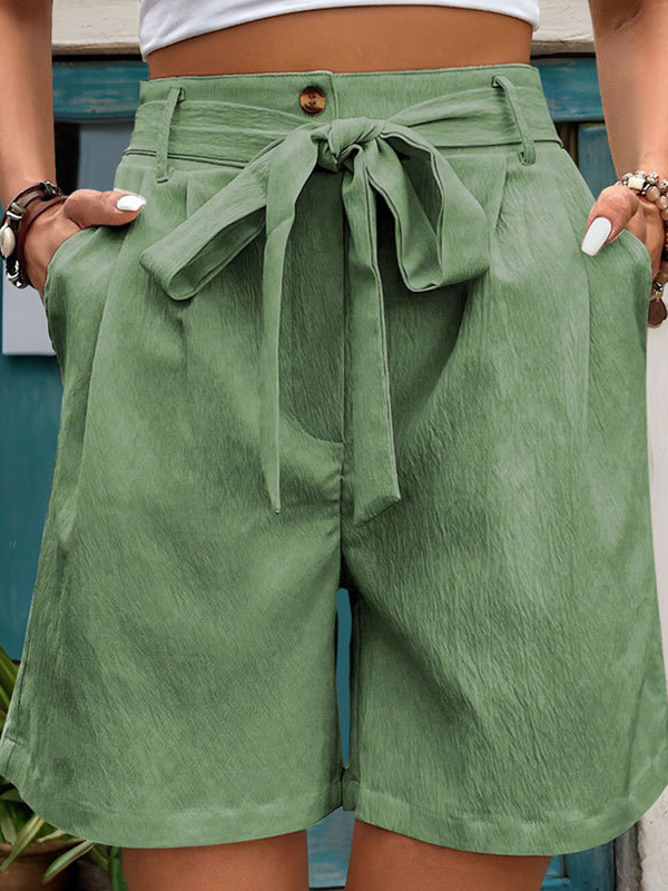 Tied Waist Pockets Pleated Elasticity Buttoned Wide Leg Loose Shorts Bottoms GREEN-XL