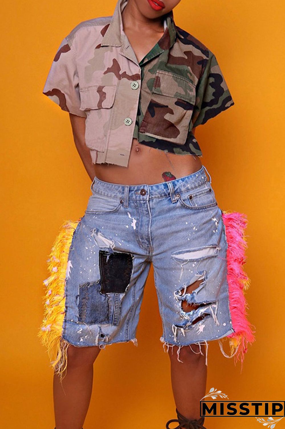 Camouflage Street Print Camouflage Print Patchwork Pocket Buckle Tops
