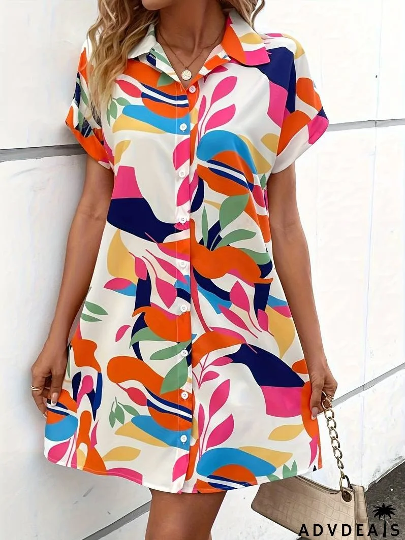 Women Printed Button Casual Short Sleeve Shirt Dress