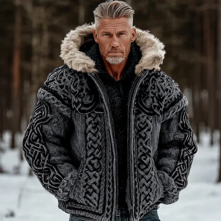 Men's Vintage Viking Celtic Style Cozy Fur Collar Knit Hooded Sweater Jacket
