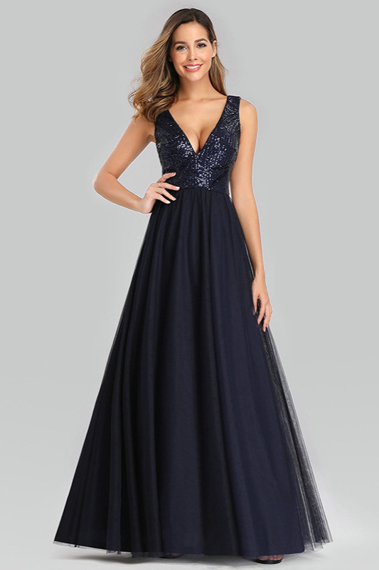 Gorgeous Navy Sequins Prom Dress V-Neck Sleeveless Tulle Evening Gowns - lulusllly