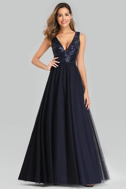 Bellasprom Navy Prom Dress V-Neck Sleeveless Tulle Evening Gowns Sequins