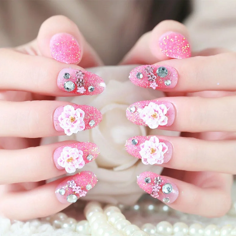 24pcs Lots wedding nail decoration Fake Nails Sweet Pink Shiny Crystal Glitter Flower Designs Press on False Nail Tip faux ongle