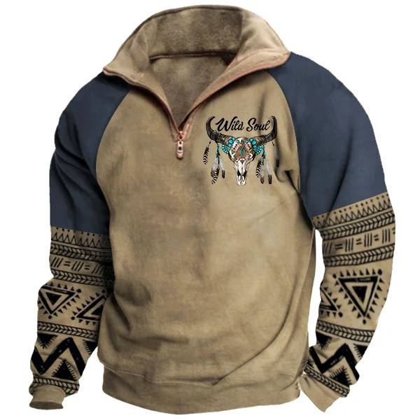 Men's Vintage Wild Soul Bull Skul Print Quarter Zip Stand Collar Sweatshirt da07