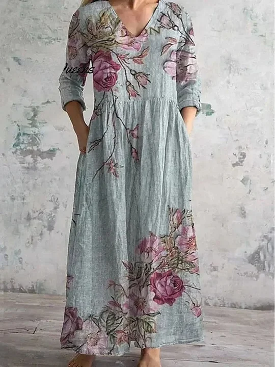 Vintage Floral Art Print Chic V Neck Elegant Midi Dress with Three Quarter Sleeves