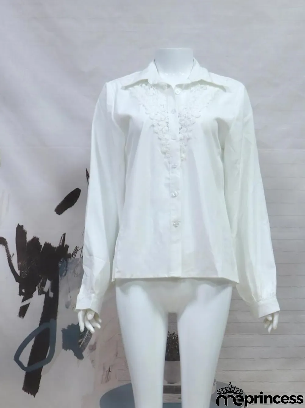 Fall White Mesh Patch Button Up Long Sleeve Formal Blouse