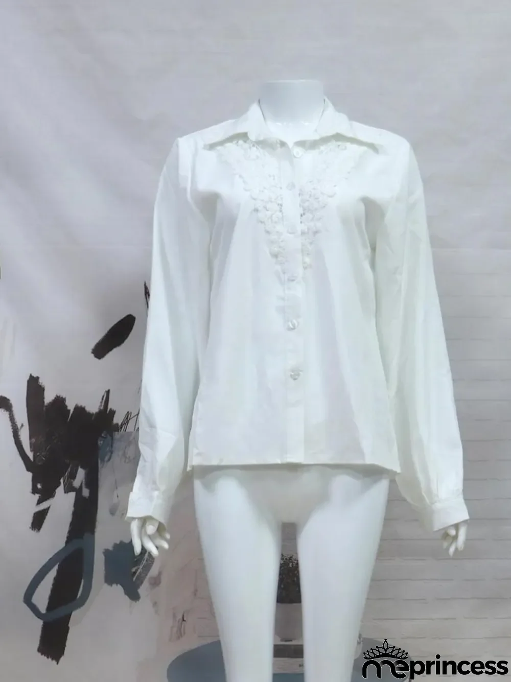 Fall White Mesh Patch Button Up Long Sleeve Formal Blouse