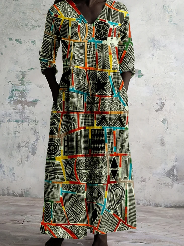 Vintage African Ethnic Graphic Linen Blend Maxi Dress