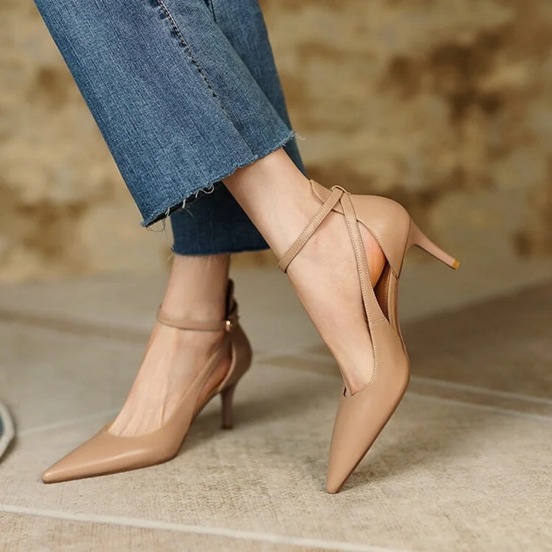 Vstacam 2023 Summer/Spring Women Shoes Pointed Toe Thin Heel Sandals Solid High Heels Elegant Cow Leather Shoes for Women Party Shoes