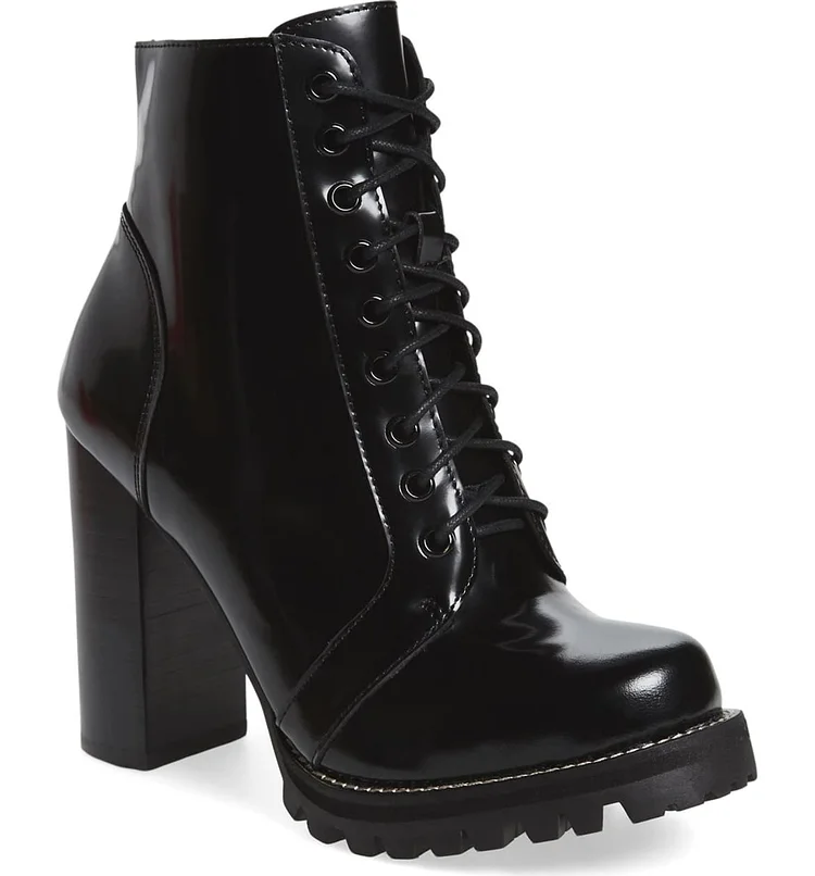 Custom Made Lace up Chunky Heel Ankle Boots in Black |FSJ Shoes