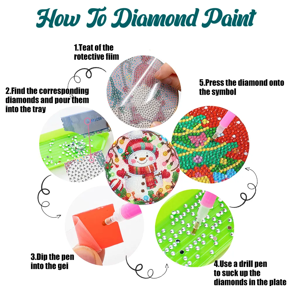 5D DIY 4pcs Christmas Acrylic Diamond Painting Placemats DIY Diamond Dot Kits for Tabletop