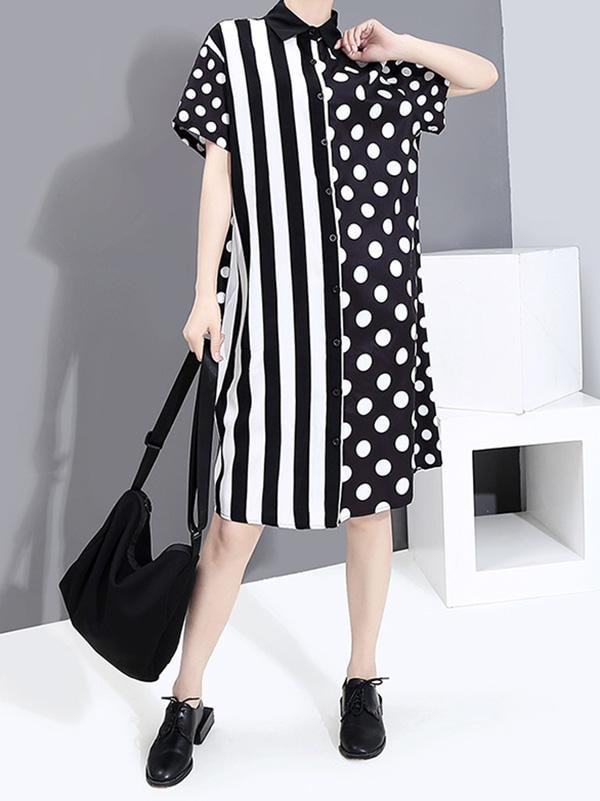Striped Splicing Polka-Dot Shirt Dress